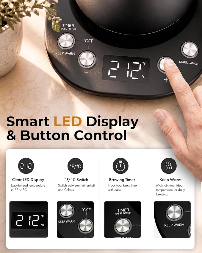 Gooseneck Electric Kettle with ±1℉ Temperature Control, 304 Stainless Steel - Image 6