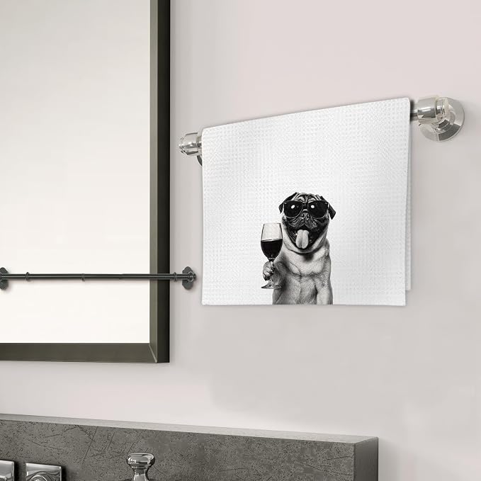 Gifts for Pug Dog Wine Lovers Kitchen Towels Set of 2, Pug Gifts Wine - Image 3