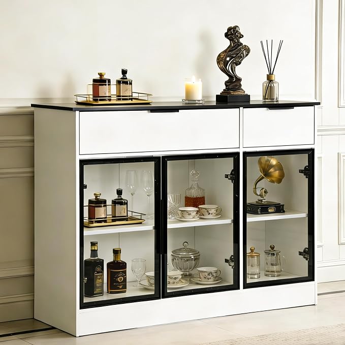 Buffet Cabinet with Drawers, Buffet Storage Cabinet with Transparent Glass Doors - Image 7