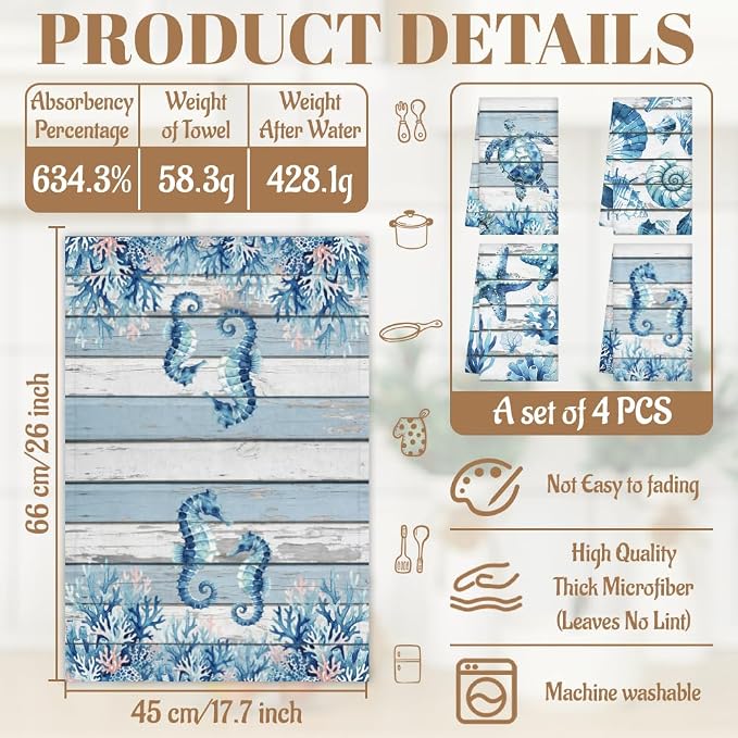 WADORN 4Pcs Ocean Beach Coastal Kitchen Towels, 18 x 26 in Starfish Seashell - Image 2