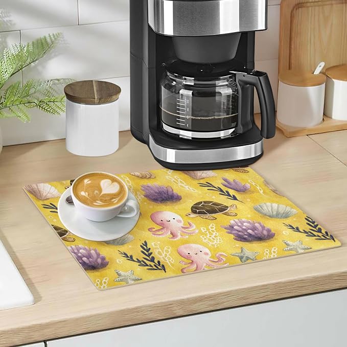 Turtles Octopuses Shells Seaweed Yellow Coffee Mat Coffee Bar Maker Backed - Image 5