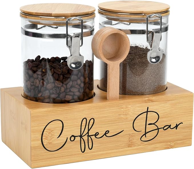 Glass Coffee Canister Set with Bamboo Shelf & Spoon by LYHLYA