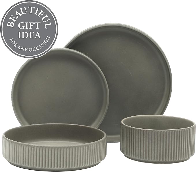 Gibson Elite Deerfield 16-Piece Stoneware Dinnerware Set – Soft Grey Reactive - Image 4