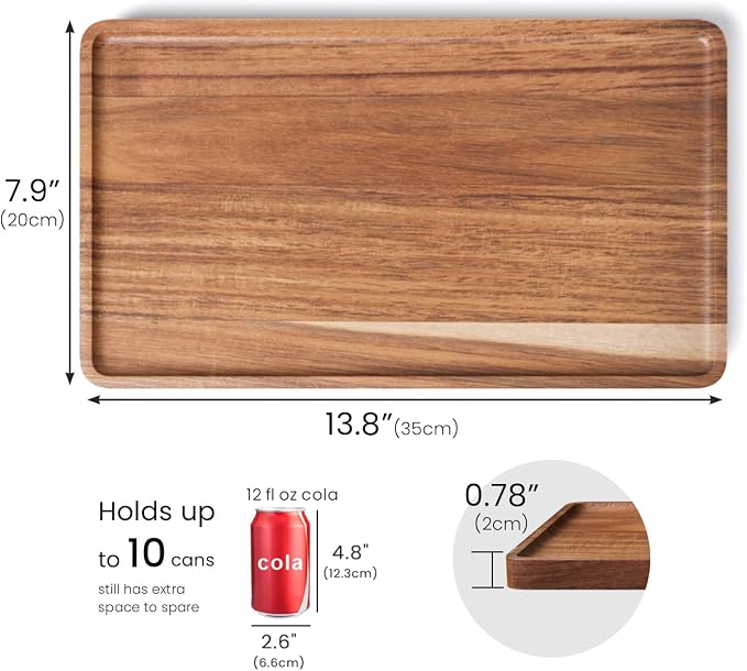 VERTORGAN 2 Pack Acacia Wood Serving Tray, 13.8x7.9 Inch Decorative Trays - Image 6