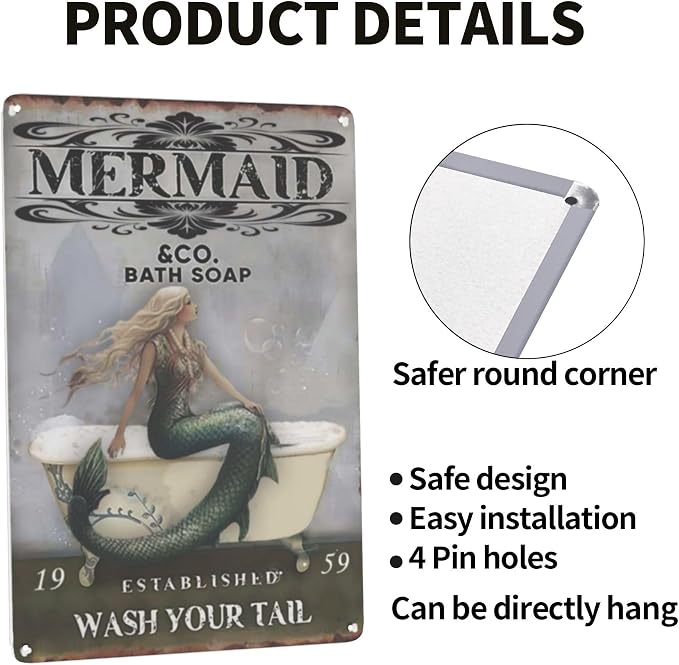 Retro Signs Vintage Bathroom Mermaid Bath Soap Wash Your Tail Signs Retro - Image 4