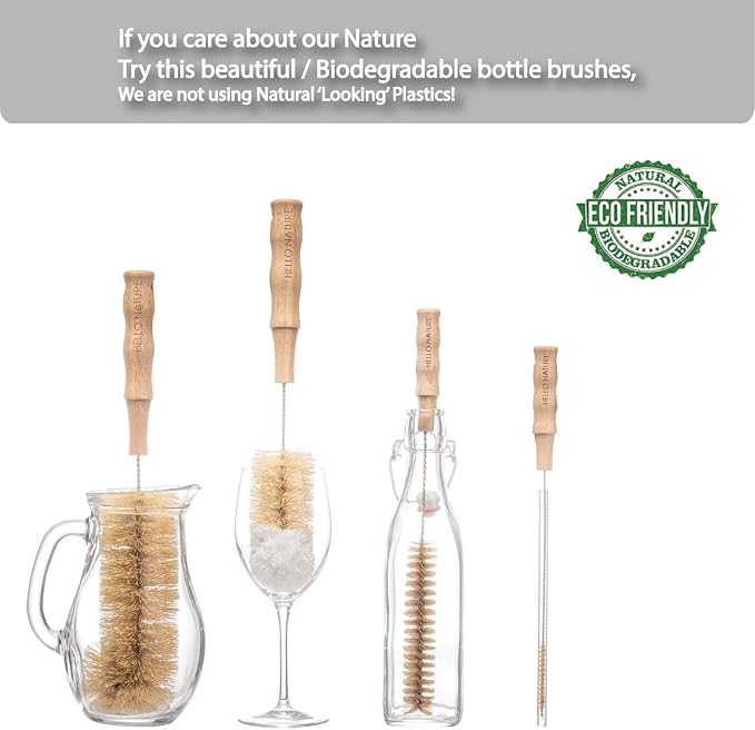 4 Pcs Bamboo Bottle Brush Set by HELLO NATURE – Long Handle Cleaning Brushes - Image 2