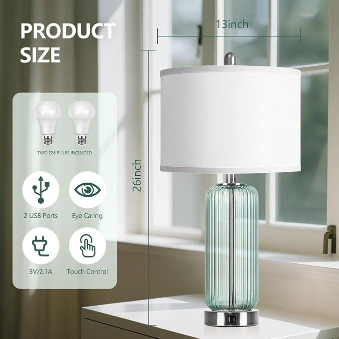 Table Lamps Set of 2 with Vertical Grained Glass, Teal Bedside Table Lamp - Image 2