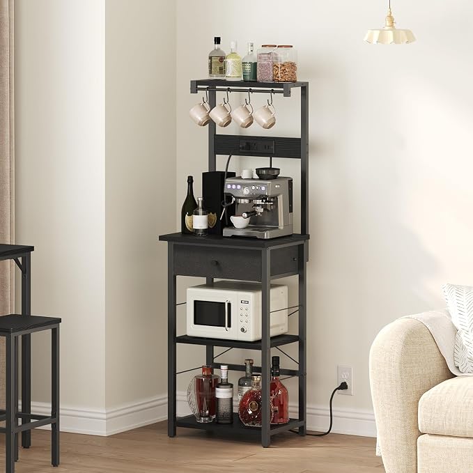 MAHANCRIS Bakers Rack with Drawer, Microwave Stand with Power Outlet, Coffee - Image 9
