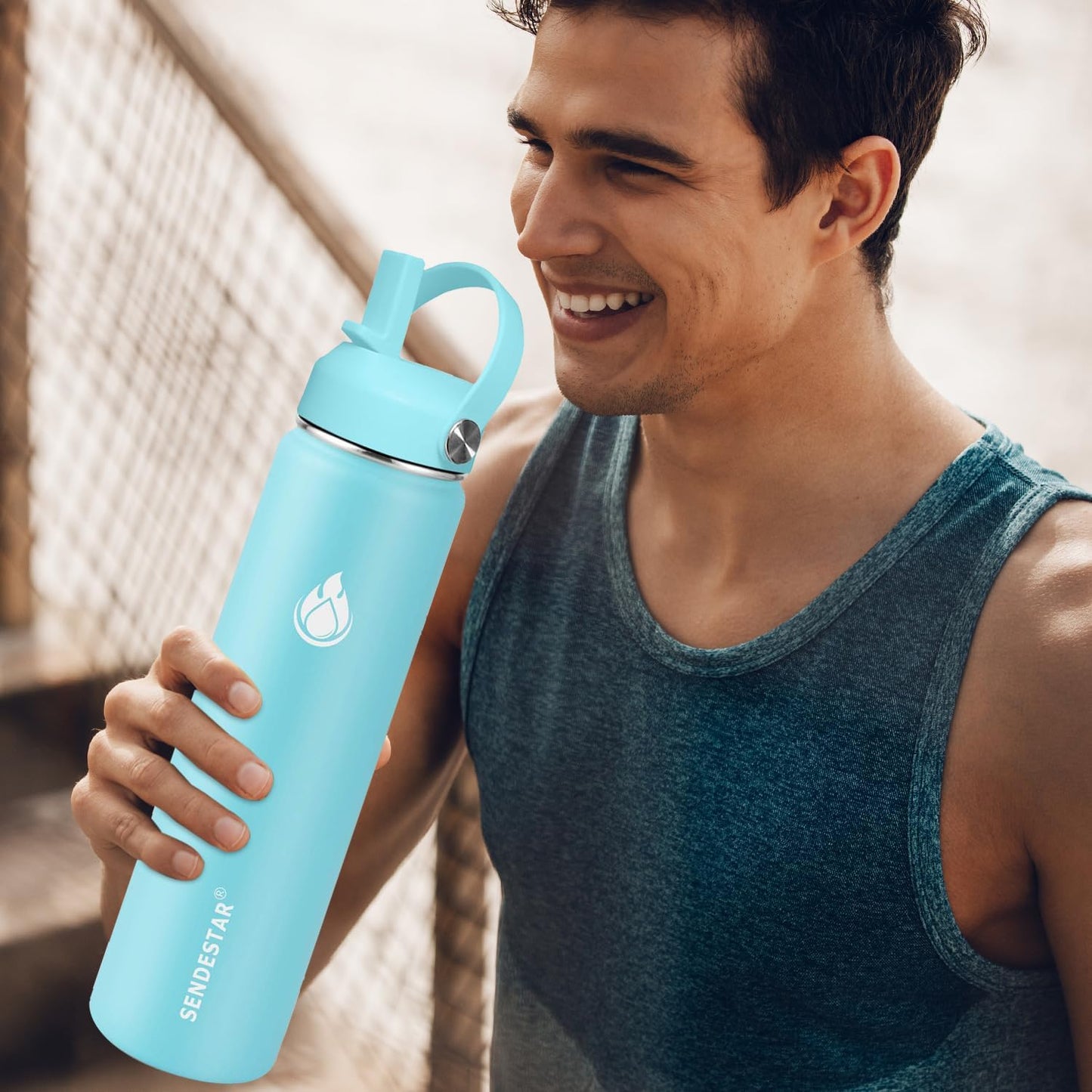 SENDESTAR Stainless Steel Wide Mouth Water Bottle 24oz Double Wall Vacuum Insulated Leak Proof Bottle with New Flex Straw Lid & Spout Lid XIN-MI-0750-1