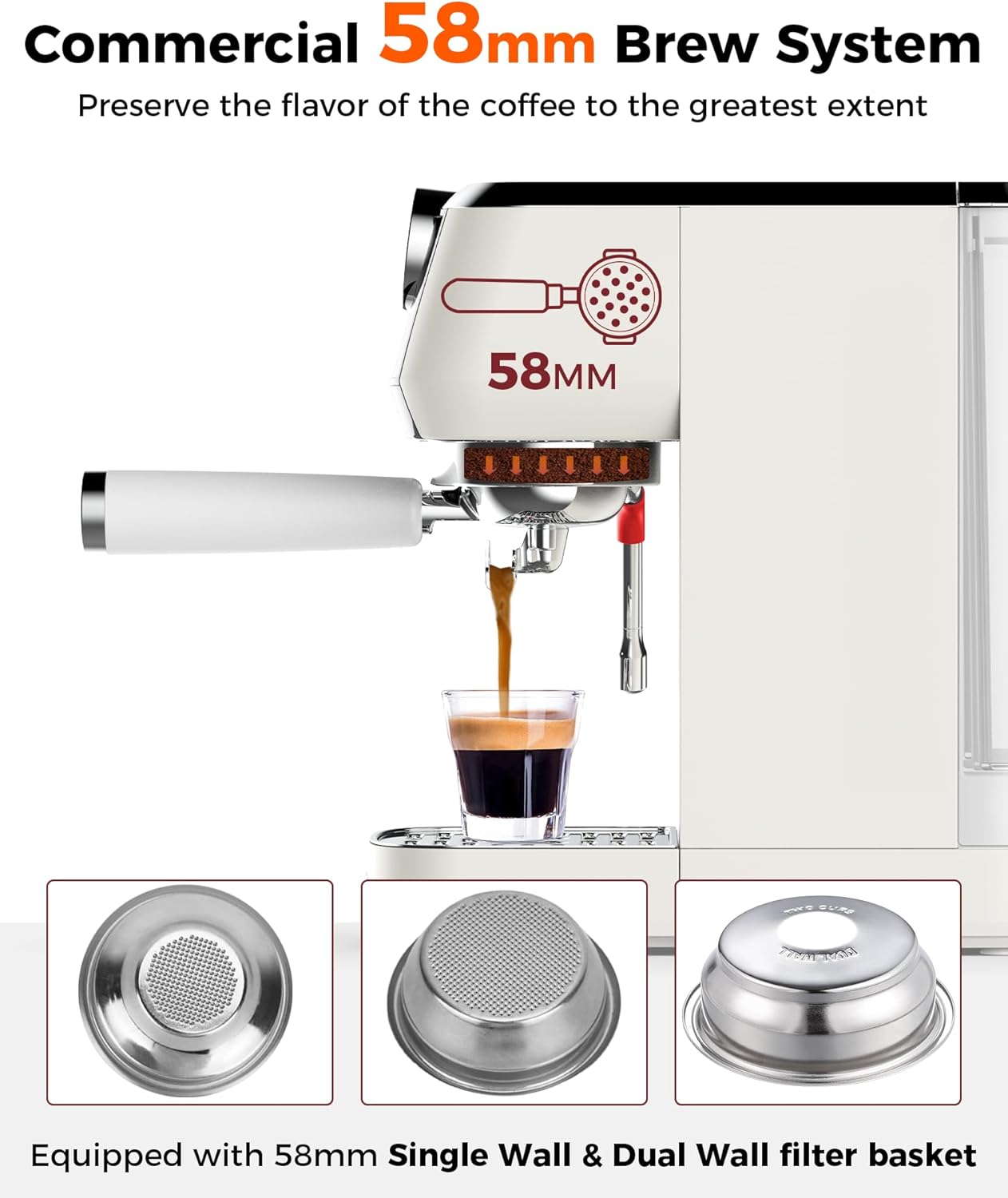 Tuni E2 58mm Espresso Machine 20Bar, Dual Boiler Espresso Maker with 10mm Steam Milk Frother, Semi-automatic Coffee Machine with UKLA Pump for Espresso,Cappuccino, Gift for Coffee Lover