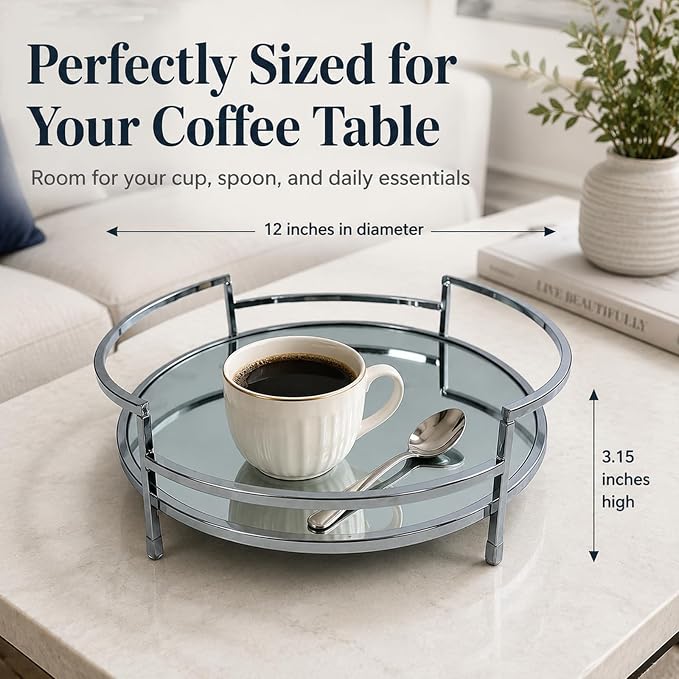 Round 12" Silver Mirror Decor Tray, Metal Mirror Serving & Glass Vanity & - Image 4