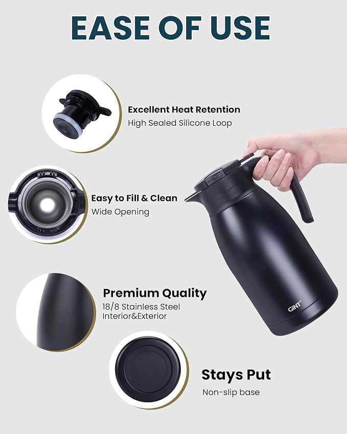 GiNT 1.9L / 64Oz Thermal Coffee Carafe, Insulated Stainless Steel Coffee Carafes - Image 3