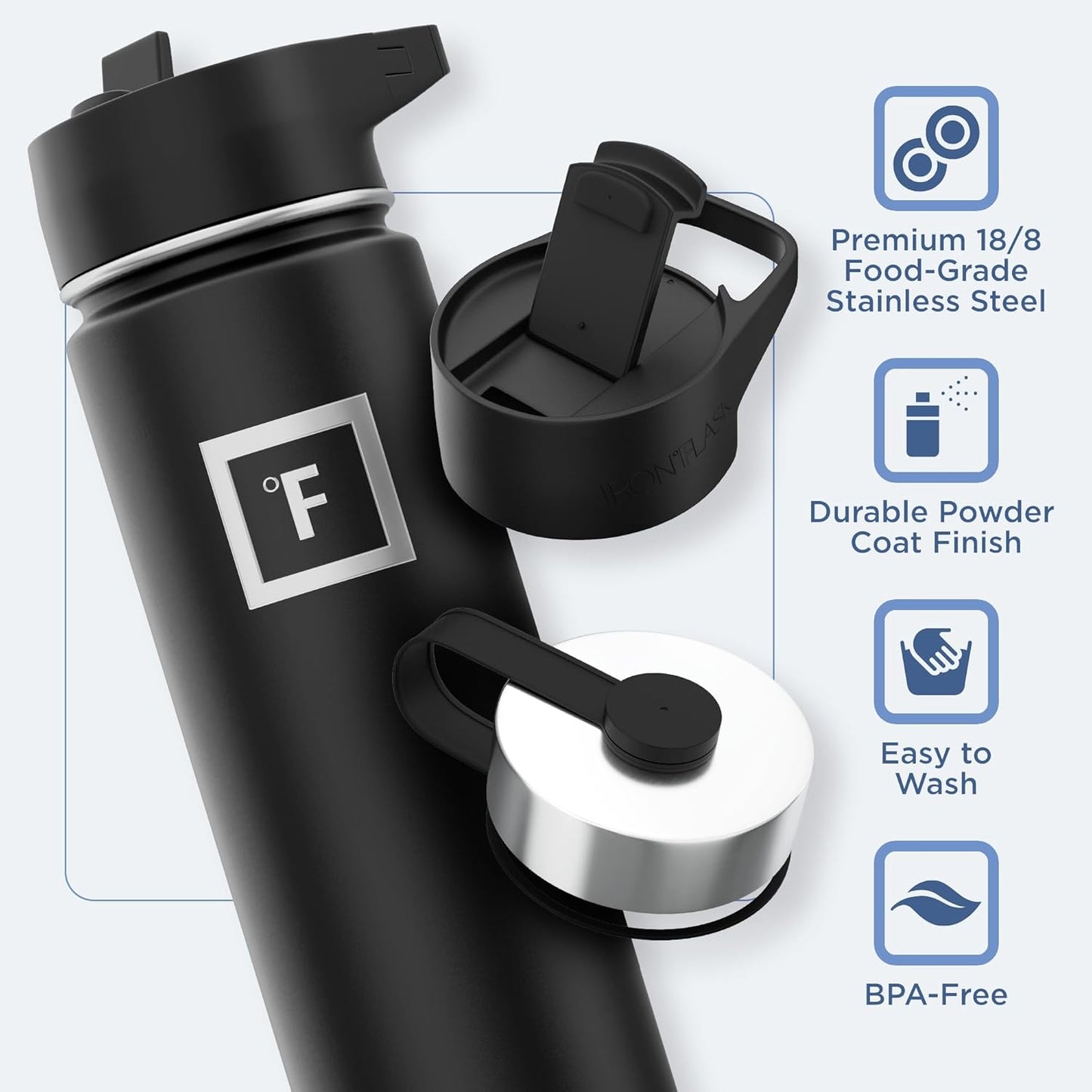IRON °FLASK Camping & Hiking Hydration Flask with 3 Lids - Stainless Steel, Double Walled & Vacuum Insulated Water Bottle - Leak Proof & BPA Free (Cobalt, Straw - 22 oz)