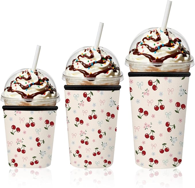 Cute Cherry Bow Iced Coffee Cup Sleeve 3 Pack, Sweet Feminine Reusable Neoprene by Unknown