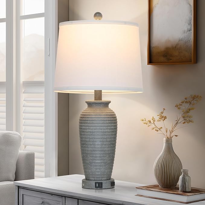 CINSARY 25" Grey Farmhouse Jar Table Lamps, 3 Way Touch Control Rustic Bedside - Image 8