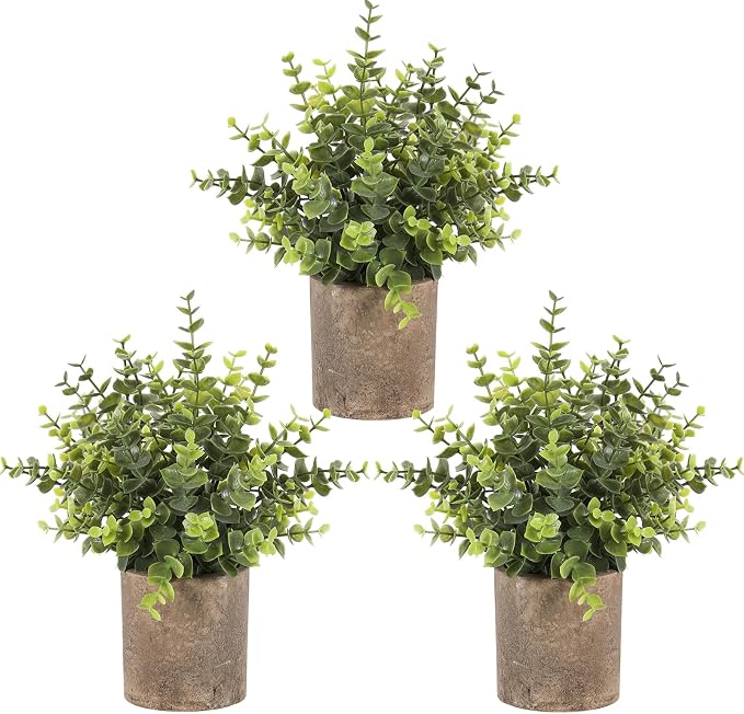3pcs Small Fake Plants Eucalyptus, Small Potted Artificial Plant Indoor by Hobyhoon