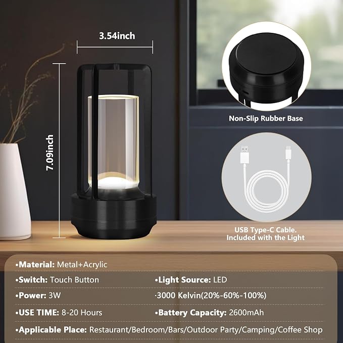 Cordless Portable LED Table Lamp, Small Rechargeable Battery Operated Desk Lamp - Image 2