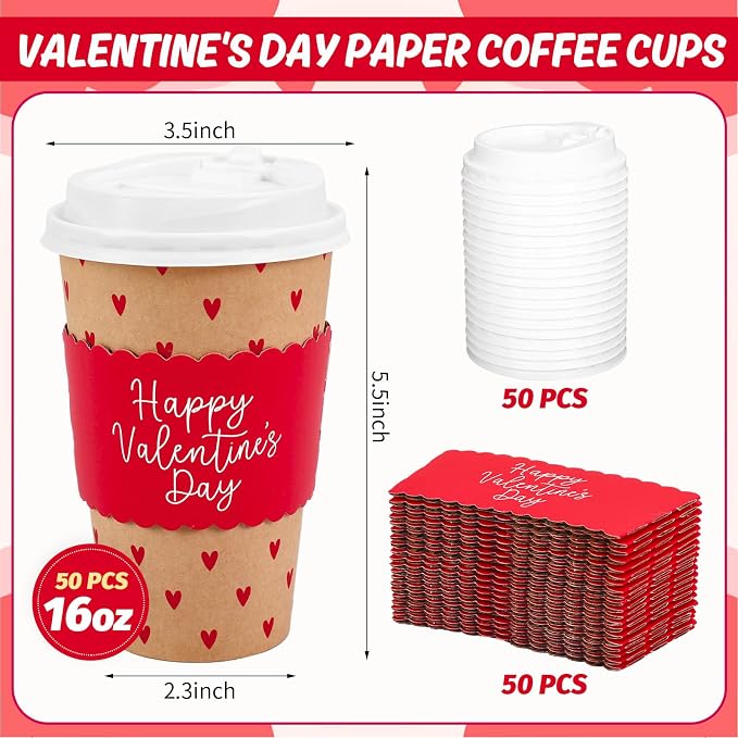 Whaline 50 Pcs 16 Oz Happy Valentine' s Day Disposable Coffee Cups - Image 2