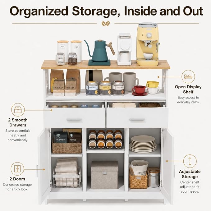 Coffee Bar Cabinet with Storage, 35.4" Kitchen Storage Cabinet with 2 Drawers - Image 4