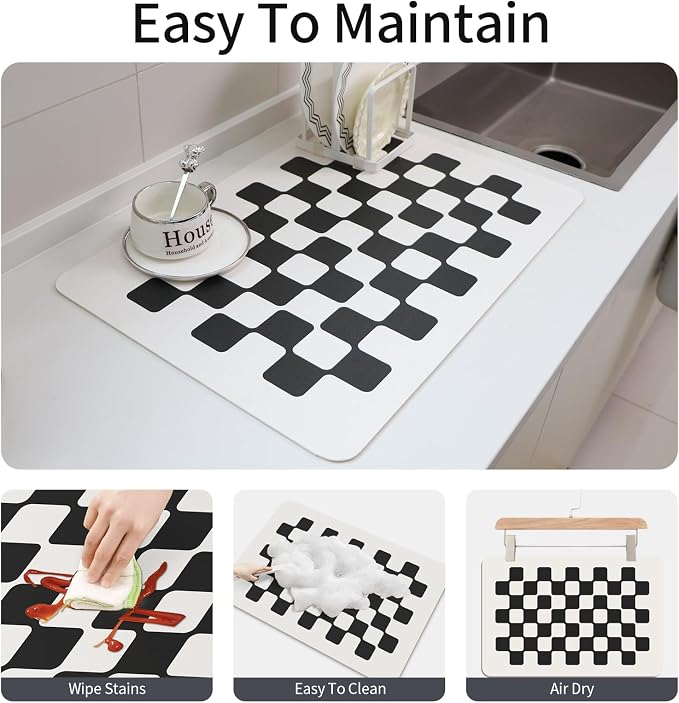 Checkered Drying Mat 24''x16'' Absorbent Pet Feeding Pad Large Coffee Bar - Image 6