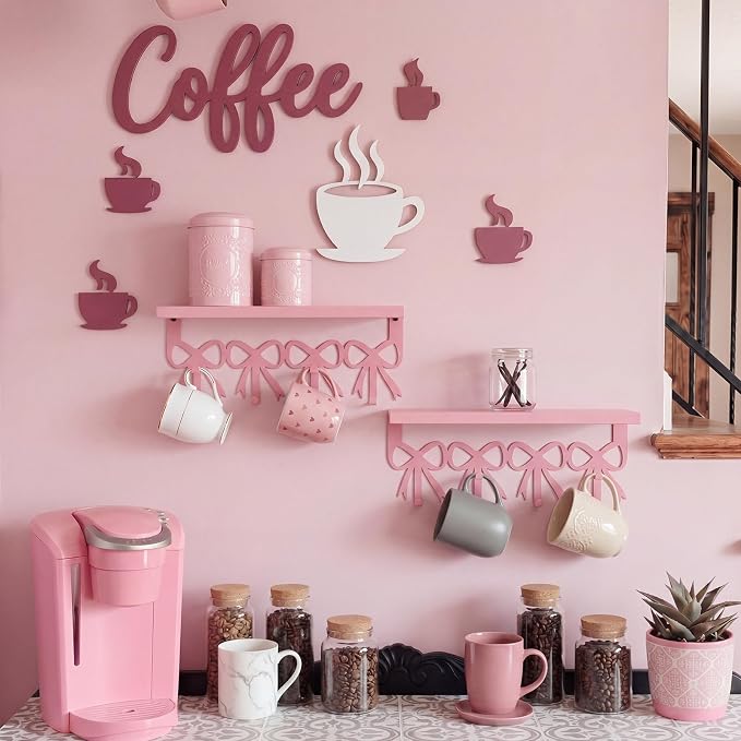 2 Pcs Pink Bow Coffee Mug Rack Pink Coffee Bar Accessories Wall Mounted - Image 3
