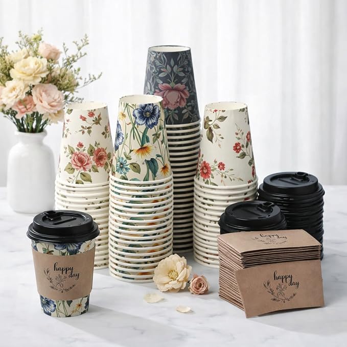 Remerry 100 Pcs 12oz Floral Disposable Coffee Cups - Image 2
