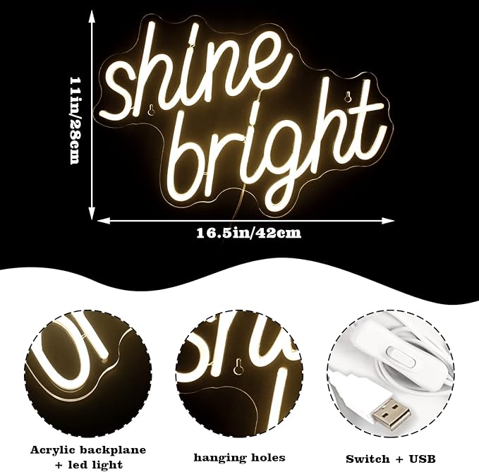 LooKLight Shine Bright Neon Sign, Warm White Neon sign Neon Light Sign - Image 3