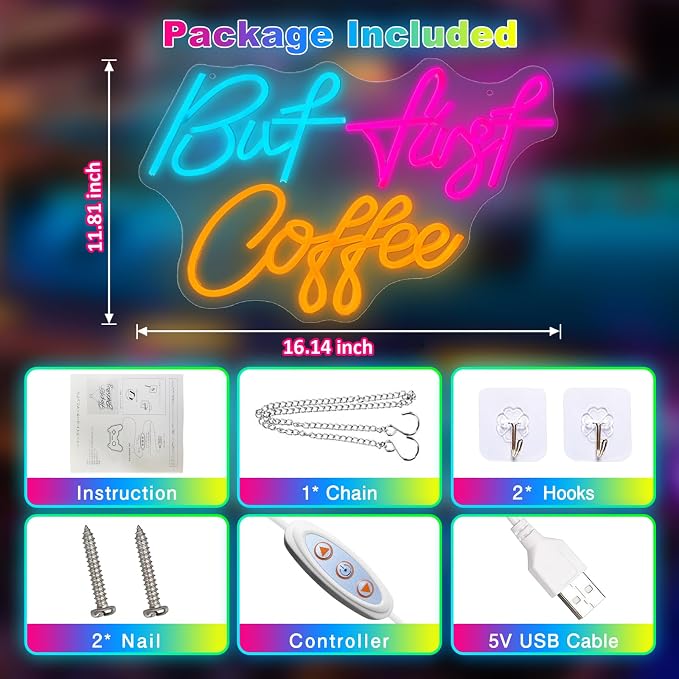But First CoffeeNeon Sign, CoffeeLight Up Sign USB Powered Dimmable Signs - Image 4