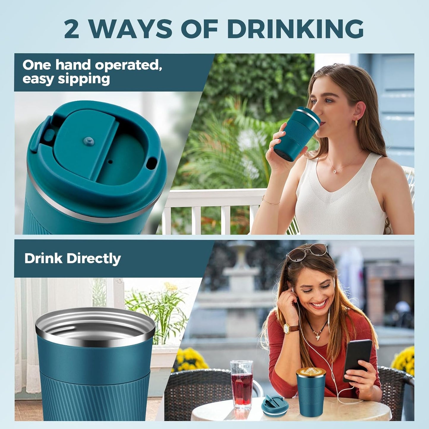 Volhoply 13 oz Stainless Steel Insulated Travel Coffee Mug with Fip Lid Bulk 2 Pack,Reusable Double Wall Vacuum Metal Coffee Cup,Portable Leak Proof Thermal Tumbler for Hot&Cold Drinks(Assort Color,2)