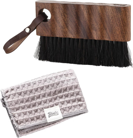 Bincoo Coffee Brush with Cleaning Cloth - Wooden Handle Cleaning Brush for Grinders, Espresso Machines & Countertops, Reusable Barista Tool with Hanging Hook for Coffee Grounds Removal