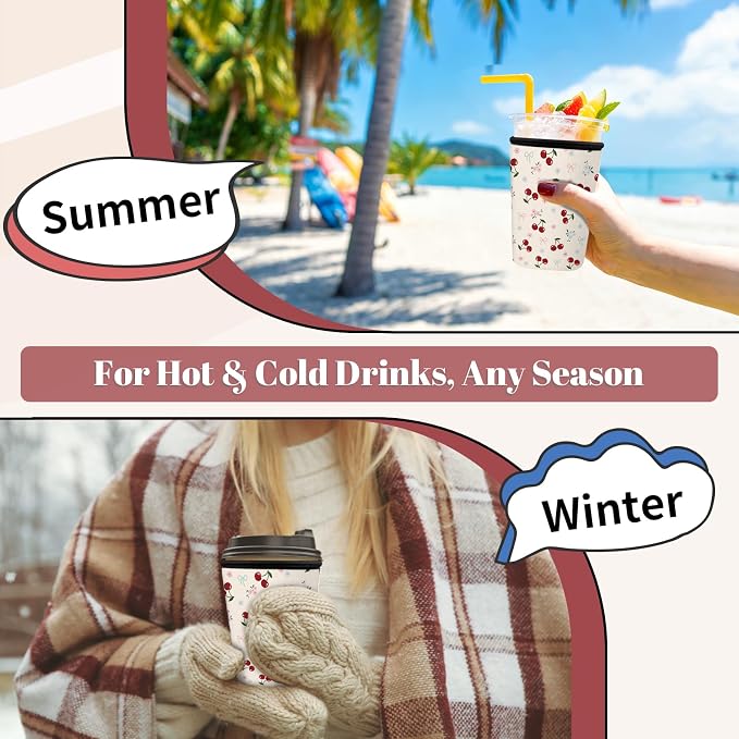 Cute Cherry Bow Iced Coffee Cup Sleeve 3 Pack, Sweet Feminine Reusable Neoprene - Image 6