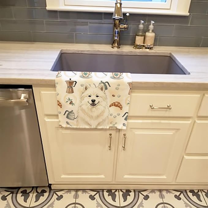 Caroline's Treasures Cream Samoyed Coffee Bar Kitchen Towel Velour Plush Front - Image 2