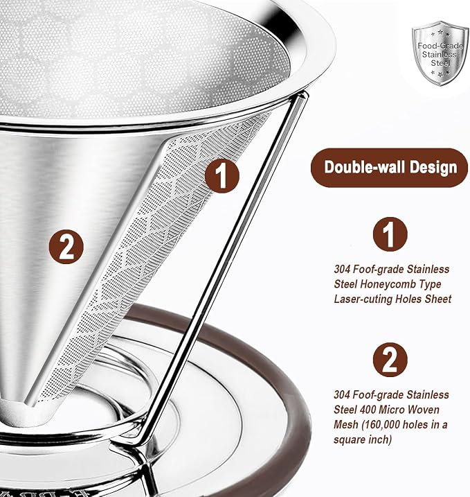 Pour Over Coffee Dripper, Stainless Steel Filter, Reusable Filter, Cone Dripper - Image 4