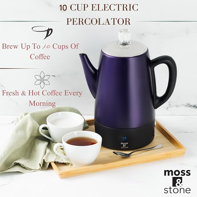Moss & Stone 10 Cup Purpale Percolator Coffee Pot Electric, Stainless Steel - Image 3