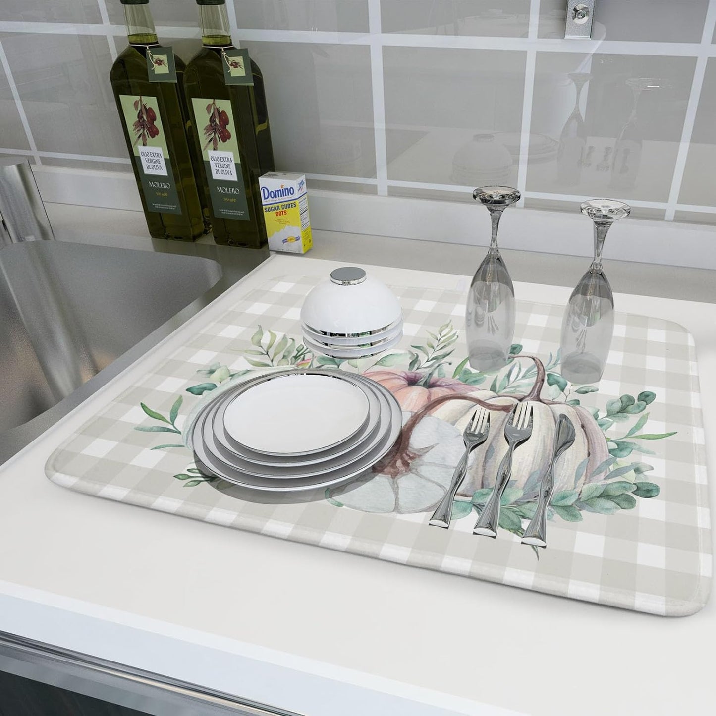 Fall Colorful Pumpkin Dish Drying Mat for Kitchen Counter,Green Leaves Drying Mat with Hanging Loop 18 x 24 Inch Microfiber Grey White Check Plaids Dish Drying Pad Dish Rack Drainer Mat for Coffee Bar
