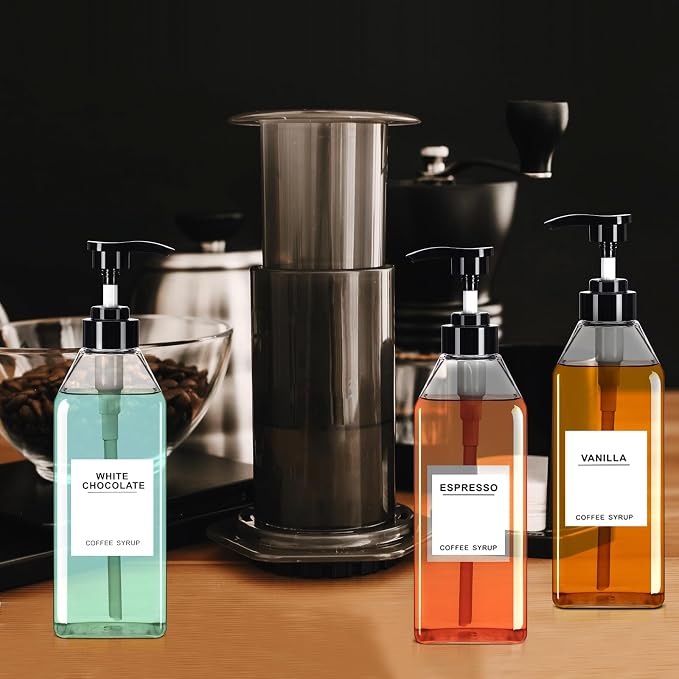 Nuogo 6 Pcs Coffee Syrup Dispenser Bottles Set 750ml, 150ml PET Black Syrup - Image 5