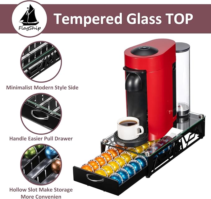FlagShip Vertuo Pod Drawer Glass Top Coffee Capsule Organizer & Space-Saving - Image 4