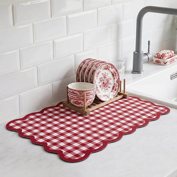 Scalloped Gingham Coffee Mat 12" x 20" Absorbent Coffee Bar Mat Brown Gingham - Image 4
