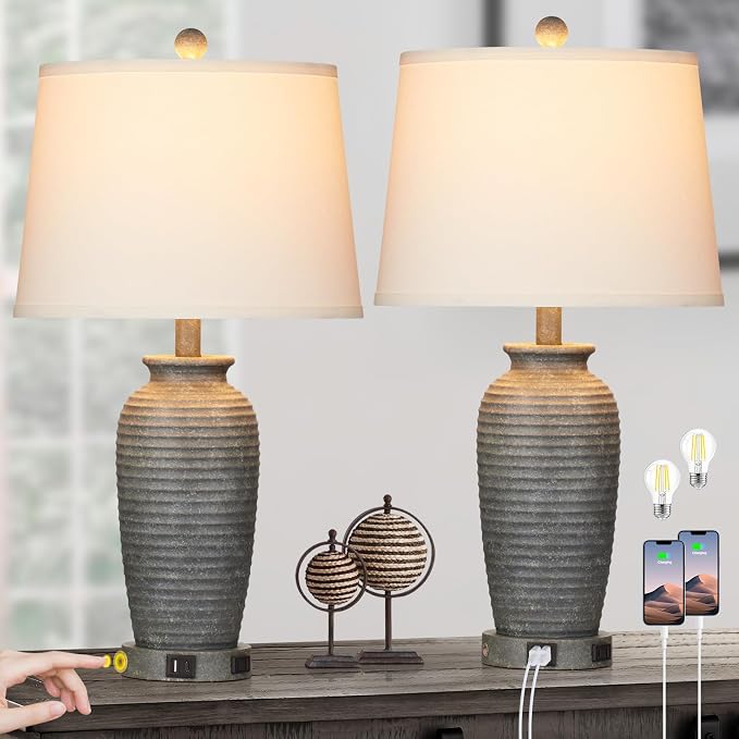 CINSARY 25" Farmhouse Jar Table Lamps Set of 2, 3 Way Touch Control Rustic - Image 9