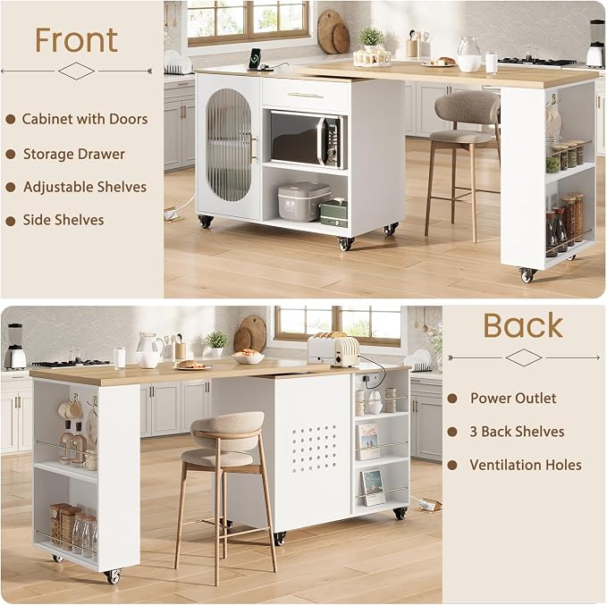 HSH Kitchen Island with 360° Swivel Table & Power Outlet, Rolling Kitchen - Image 3