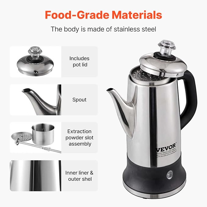 VEVOR 12-Cup Electric Percolator Coffee Pot, 304 Stainless Steel Body Coffee - Image 5