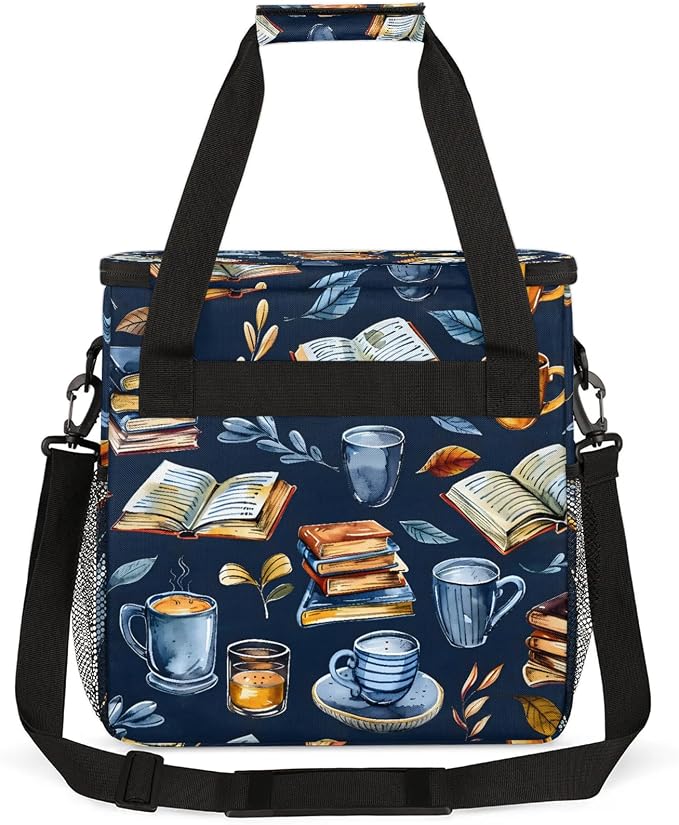 Books Coffee Theme Coffee Maker Carring Bag, Large Insulated Storage Organizer - Image 5