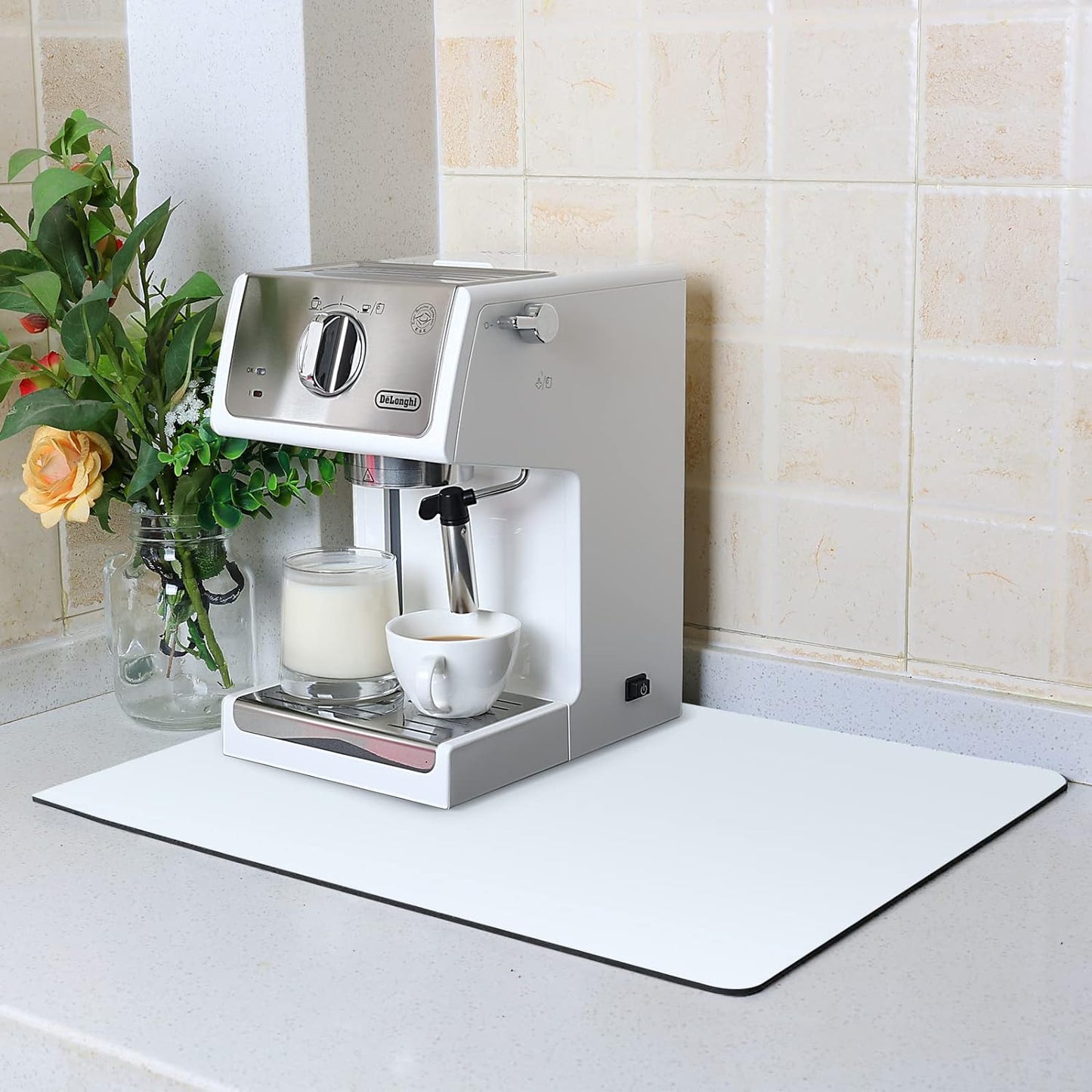ZLR Coffee Mat - 12" x 16" Small Kitchen Hide Stain Absorbent Dish Drying Mat for Countertop - Easy to Clean Coffee Bar Mat for Espresso Machine and Spill Protection - Milk White