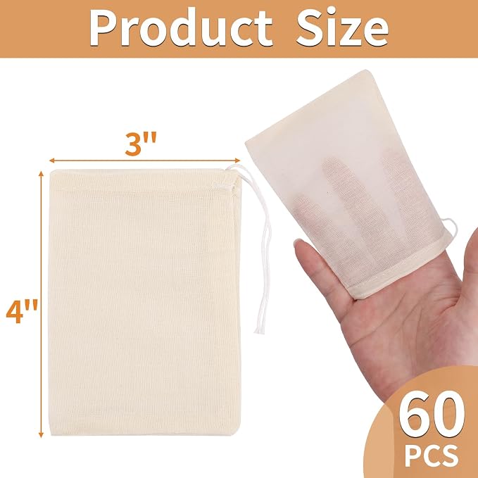 60 Pcs Empty Spice Bags for Cooking Soup, 3x4 In Natural Muslin Drawstring Bag - Image 2