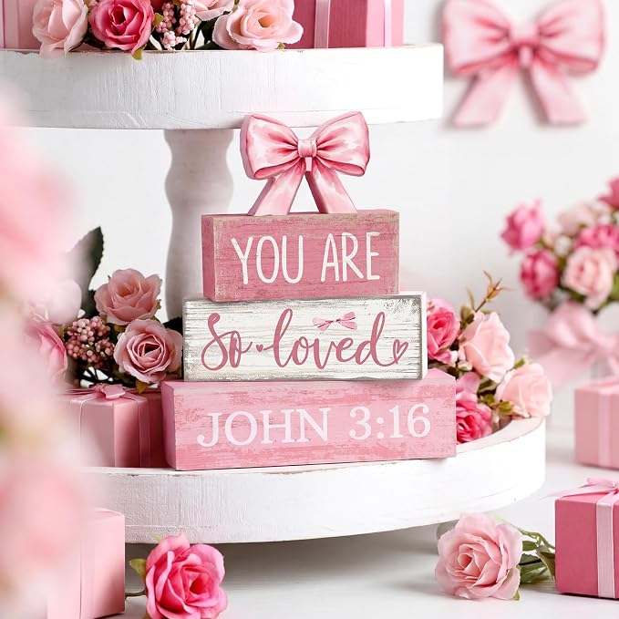 Lineshading 4 Pcs Pink Bow Decor Christian Table Decor Wooden Block Signs Set - Image 2