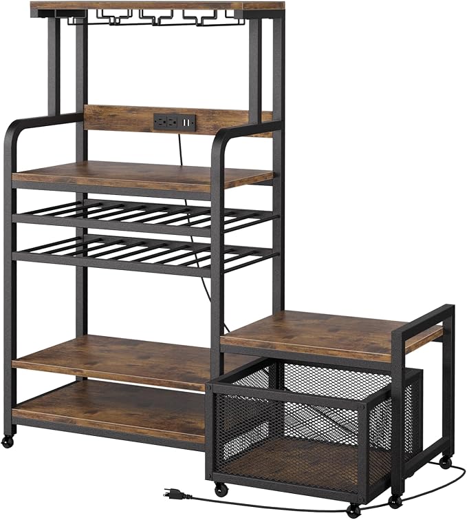 Mini Fridge Stand with Power Outlet, Microwave Stand with Wine Rack, Coffee bar by MILEFA
