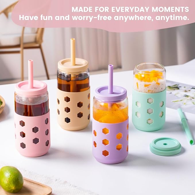 Mrsdry Glass Cups with Lids and Straws, 16oz Drinking Glasses Set with Silicone - Image 9