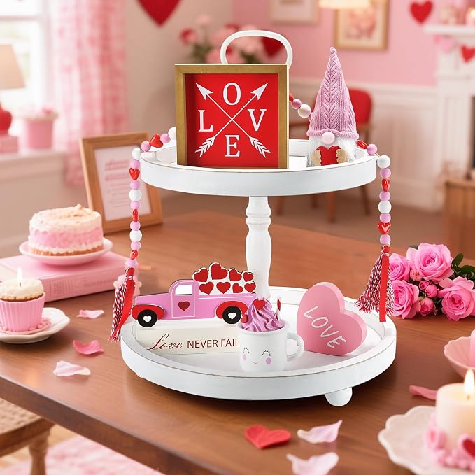 Wooden Two Tiered Tray Stand, Farmhouse Round 2 Tier Decorative Tray - Image 2