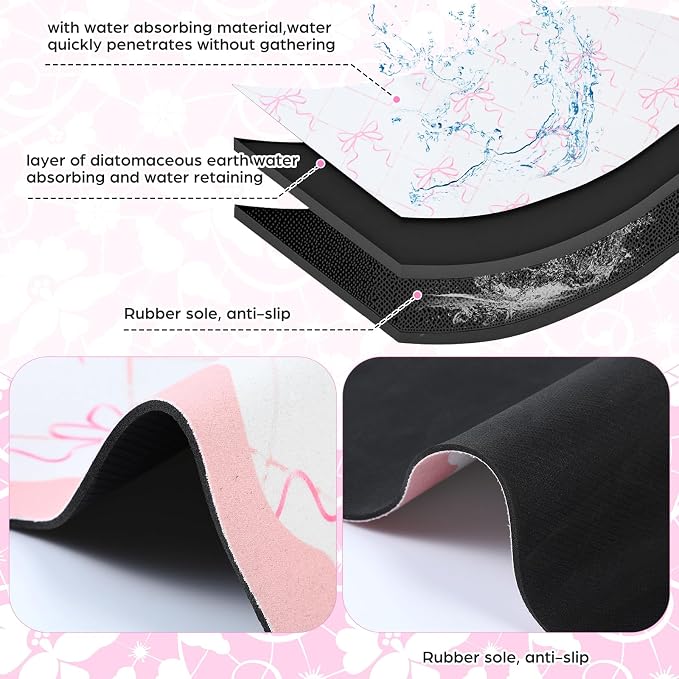 Reallnaive Scalloped Bow Coffee Bar Mats 23.6x15.7inch Pink Absorbent Bar Mat - Image 3