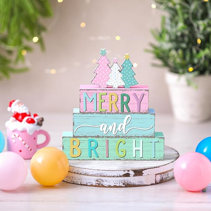 Geelin 4 Pcs Christmas Tree Table Sign Pastel Candy Color Wooden Decorations - Image 6